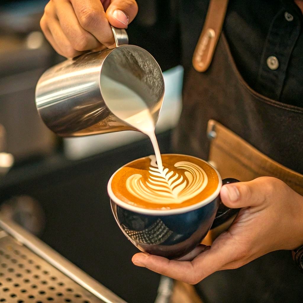 A barista pouring latte art with Moschetti espresso